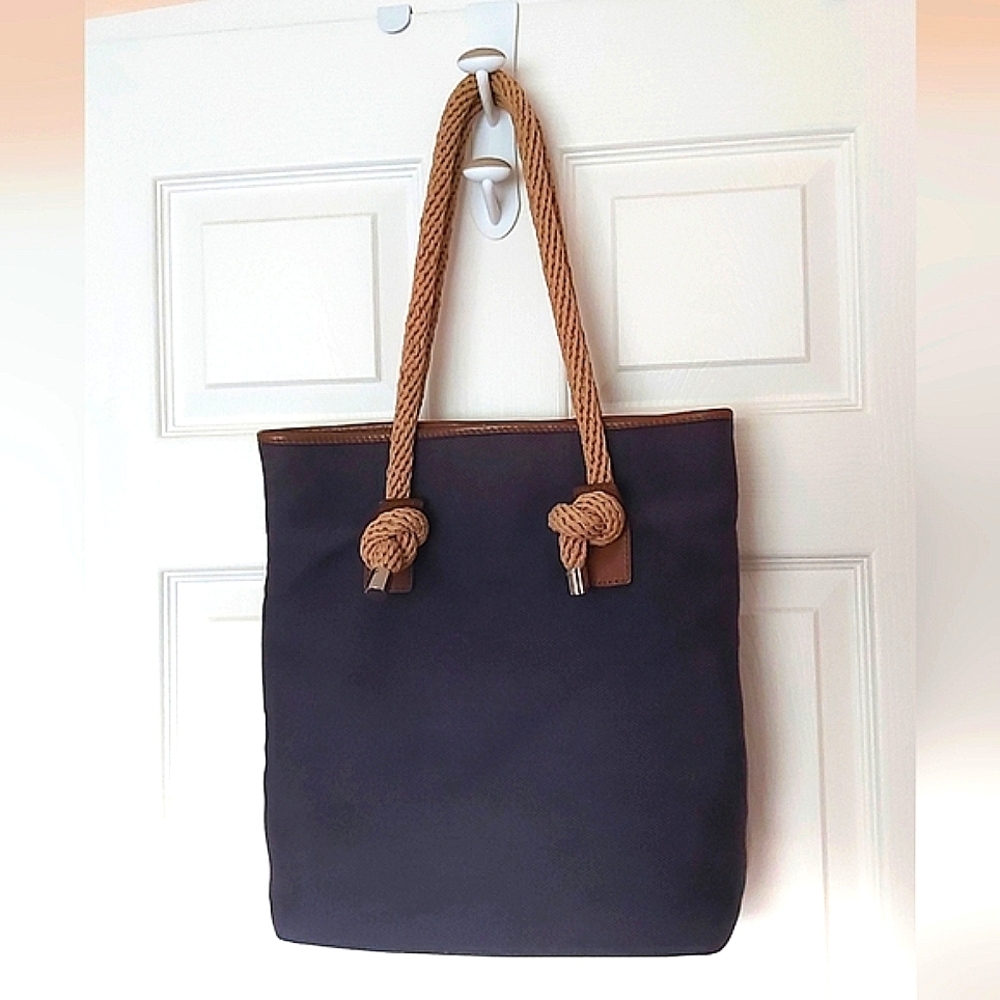 Michael Kors Nautical Navy and Brown Canvas, Rope and Leather Classic Tote Bag